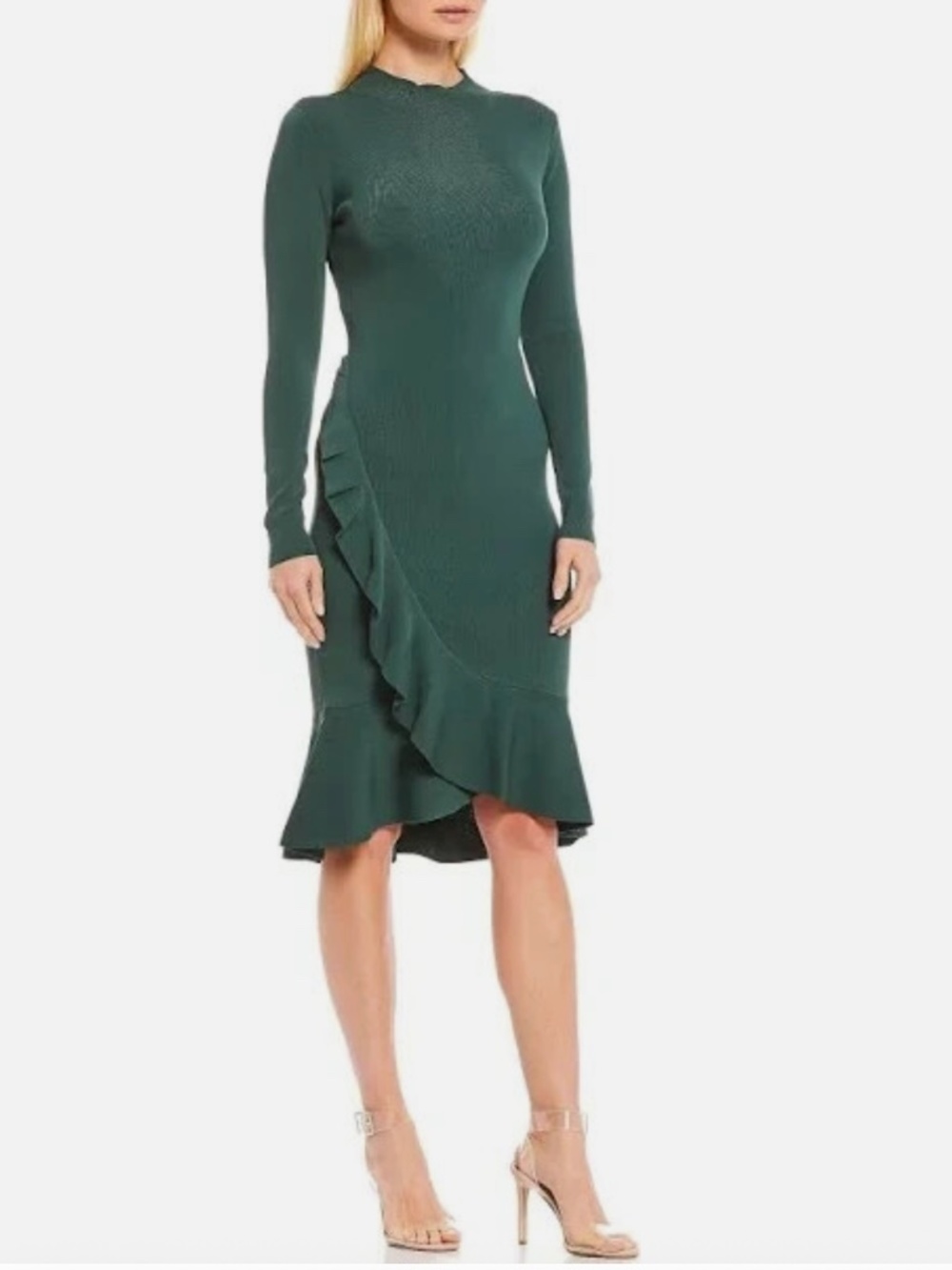 GIANNI BINI Sara Peplum Ruffle Hem Bodycon Sweater Dress Size M Forest Green